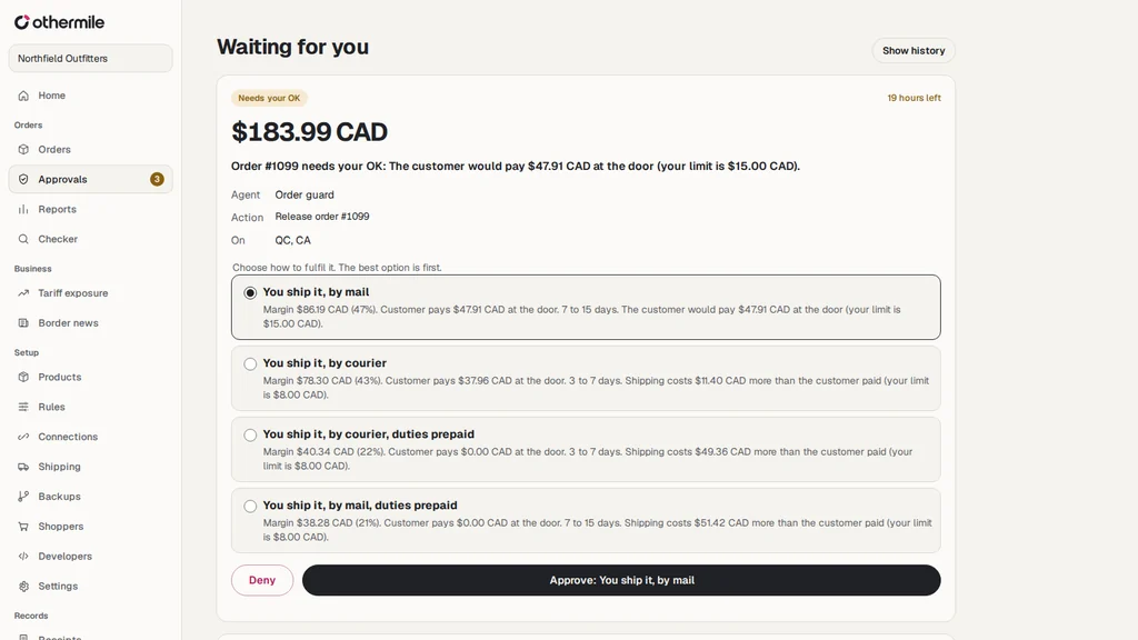 A held order in Othermile with four shipping options priced side by side and an Approve button