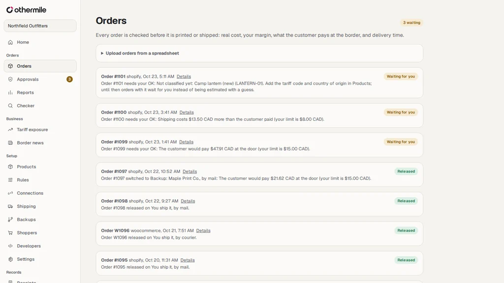 The Othermile orders list with some orders waiting for the owner and others released
