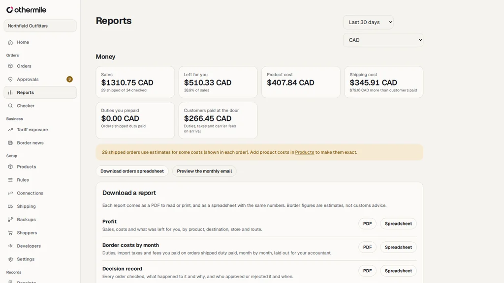 Othermile reports showing sales, what was left after costs, shipping cost and what customers paid at the door