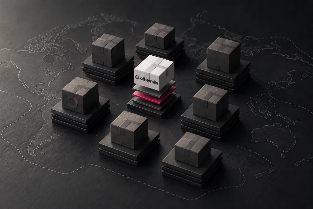 One white Othermile parcel raised above a grid of dark parcels on a world map