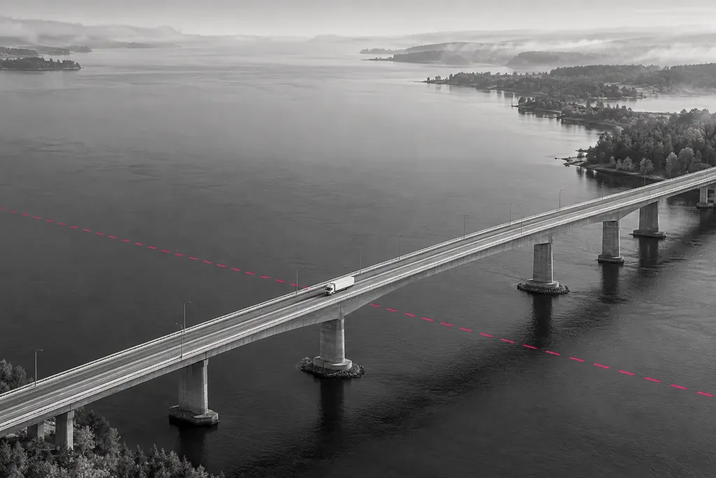 A truck crossing a long bridge over a misty lake, with a dashed magenta border line