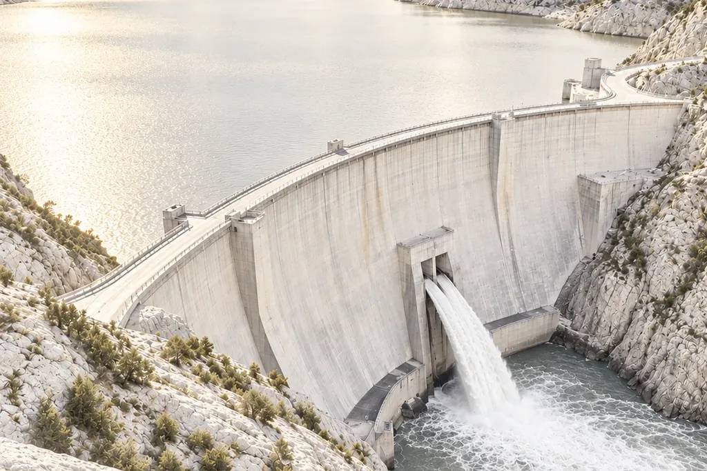 A concrete dam releasing water into a canyon below a calm reservoir