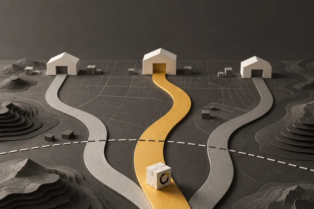 Three routes on a dark paper map, the golden one carrying a parcel across a dashed border to the middle warehouse