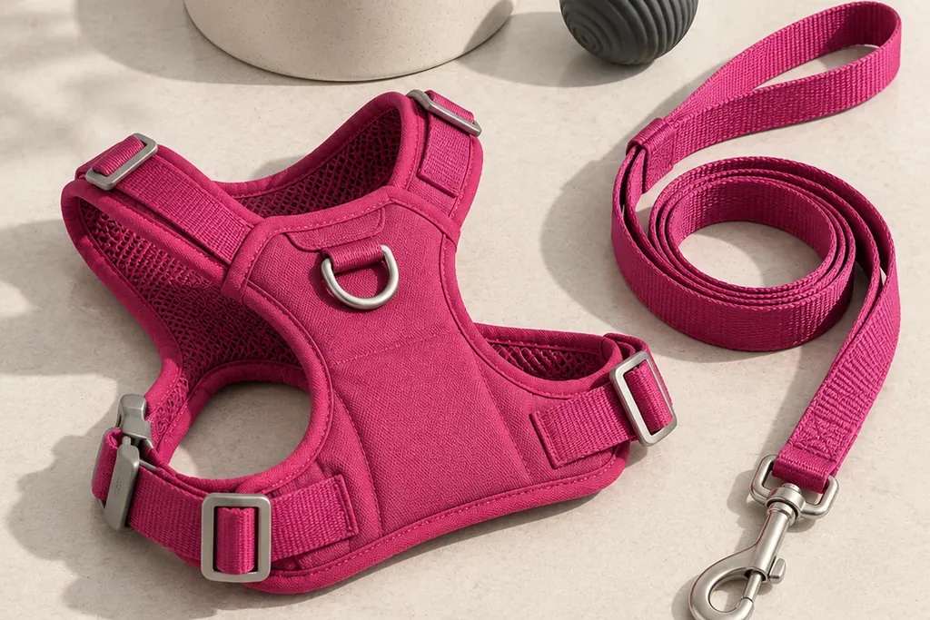 A magenta dog harness and leash beside a ceramic bowl and a grey ball