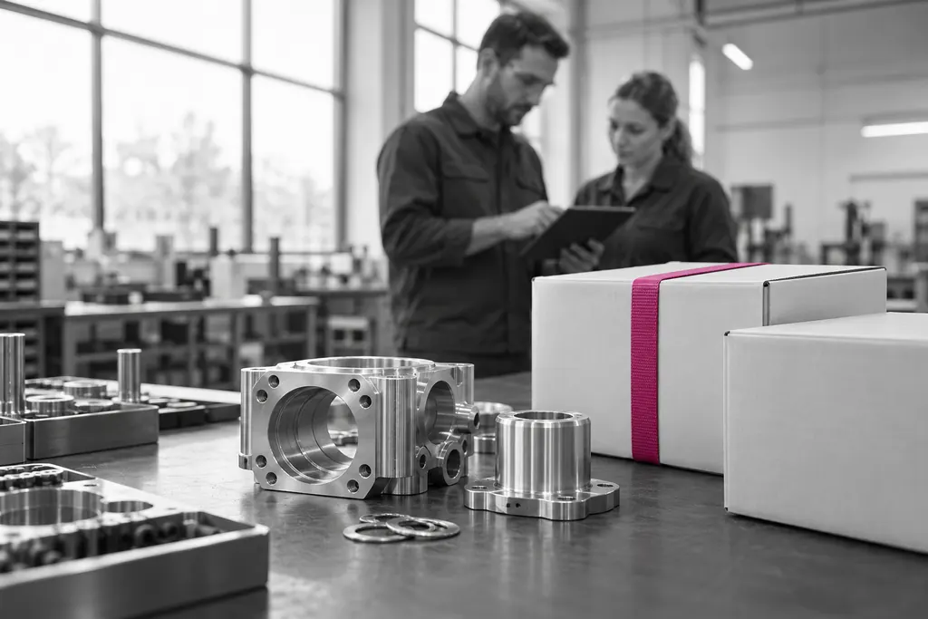 Two people in a machine shop reviewing an order beside finished parts and a strapped box
