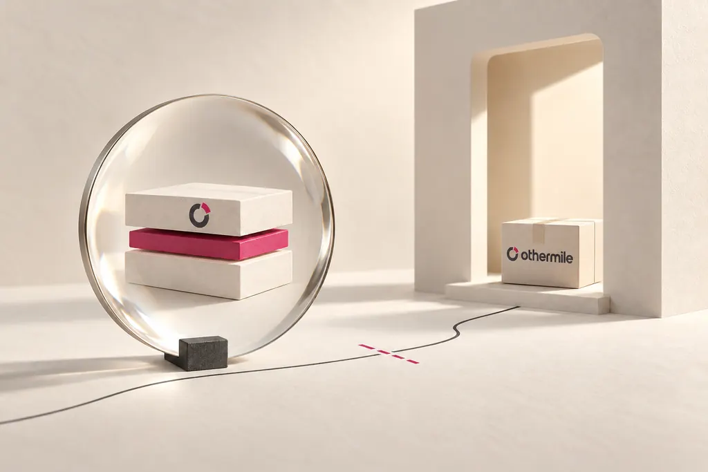 A parcel seen through a glass lens beside a doorway where an Othermile box waits