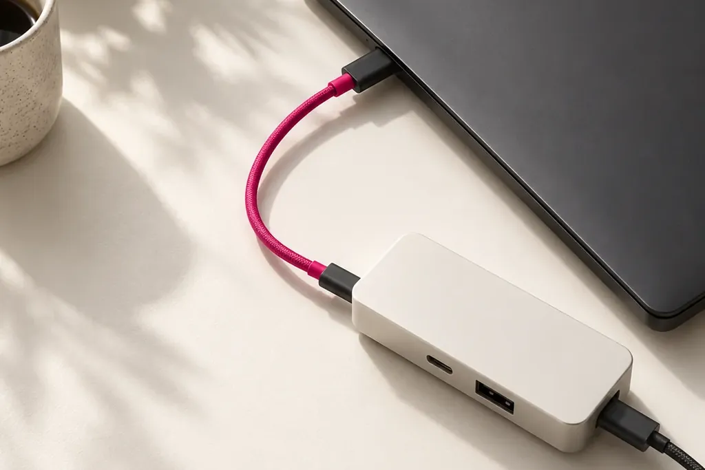 A laptop connected to a small white hub by a magenta cable on a white desk
