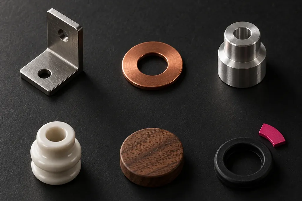 Six small machined parts in steel, copper, ceramic, wood and rubber laid out on a dark surface