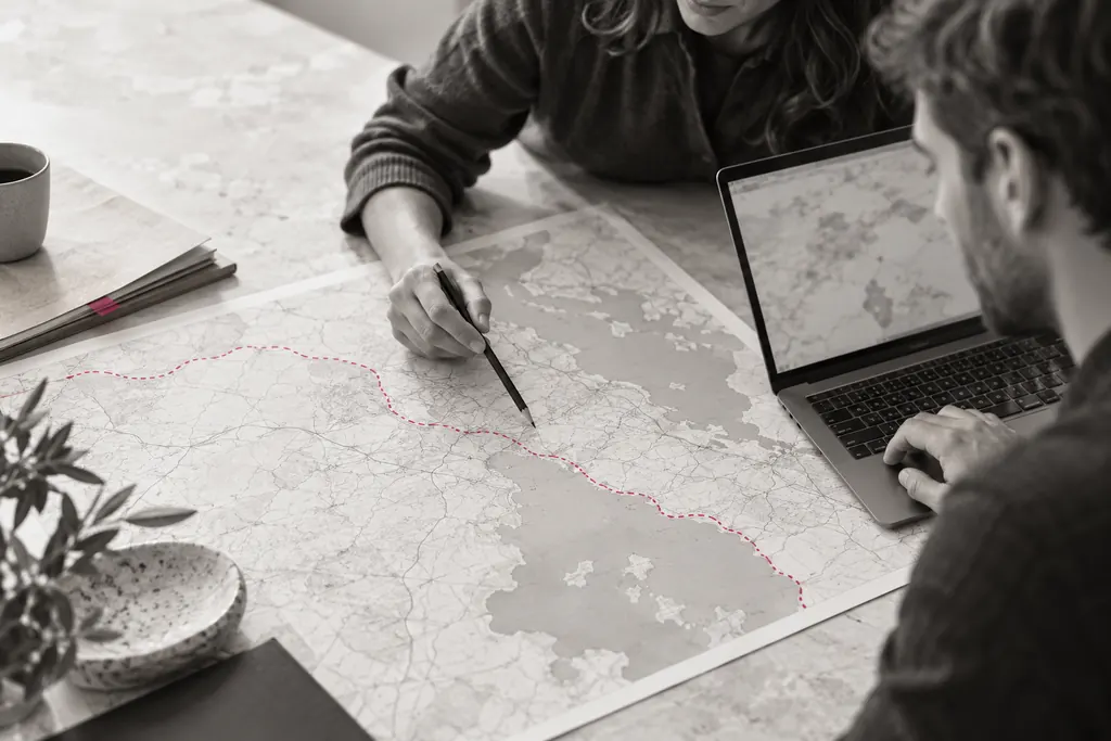 Two people planning a route along a border on a paper map