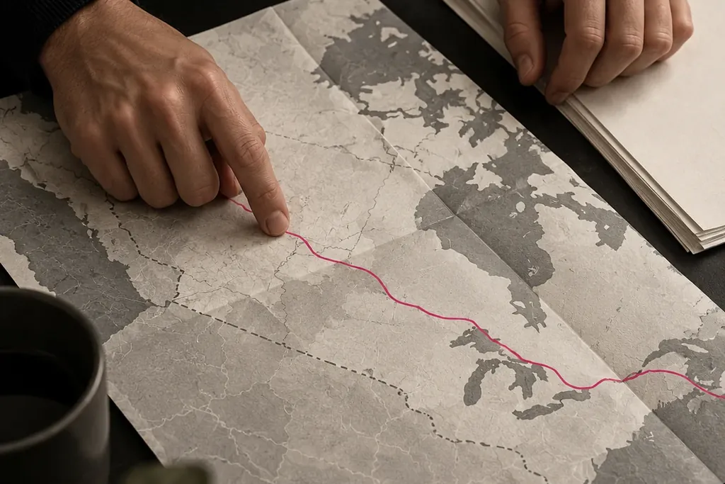 A hand tracing a magenta route across a paper map with lakes and a dashed border