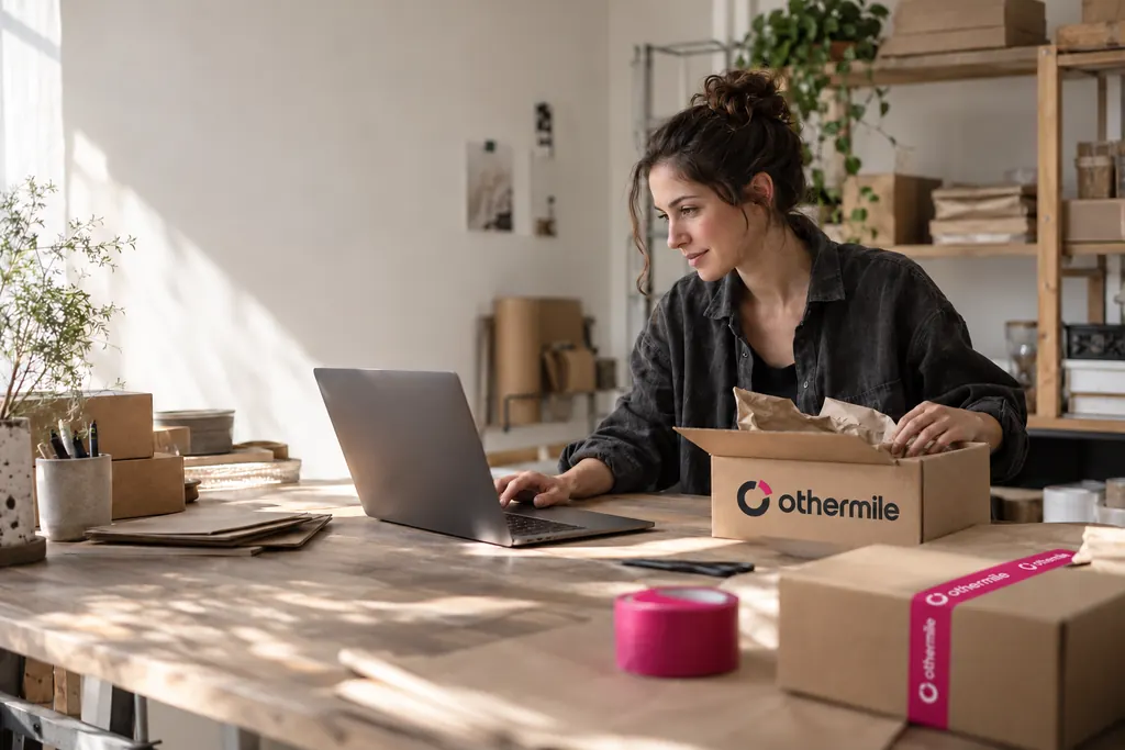 A store owner at her laptop beside parcels taped with Othermile tape