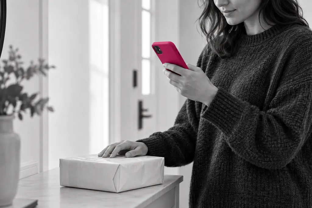 A shopper checking her phone beside a parcel at her front door