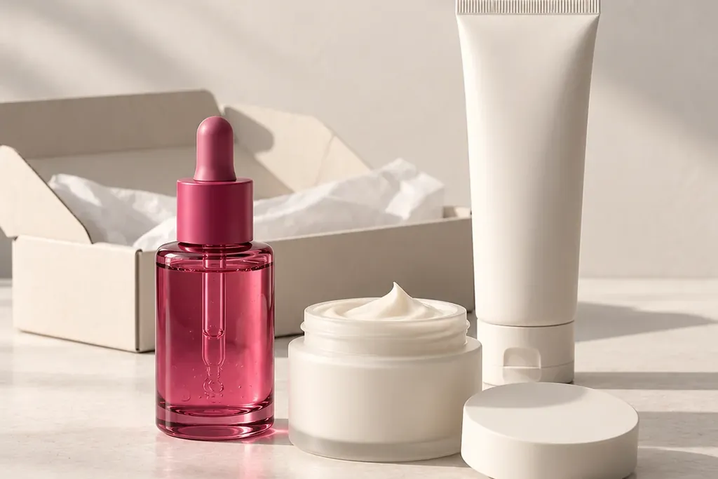 A magenta serum bottle, an open jar of cream and a white tube in front of an open shipping box