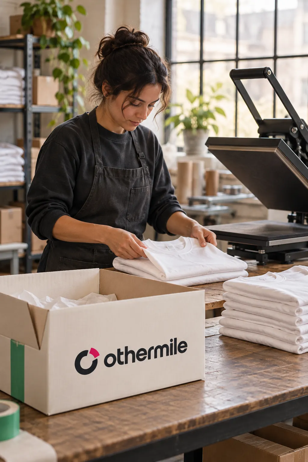 A store owner folding printed shirts beside a heat press and an Othermile box